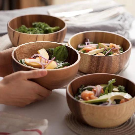 3Pcs/Set Salad Bowl Burr Free Easy to Clean Wooden Noodles Container with Spoon Fork Cutlery Daily Use
