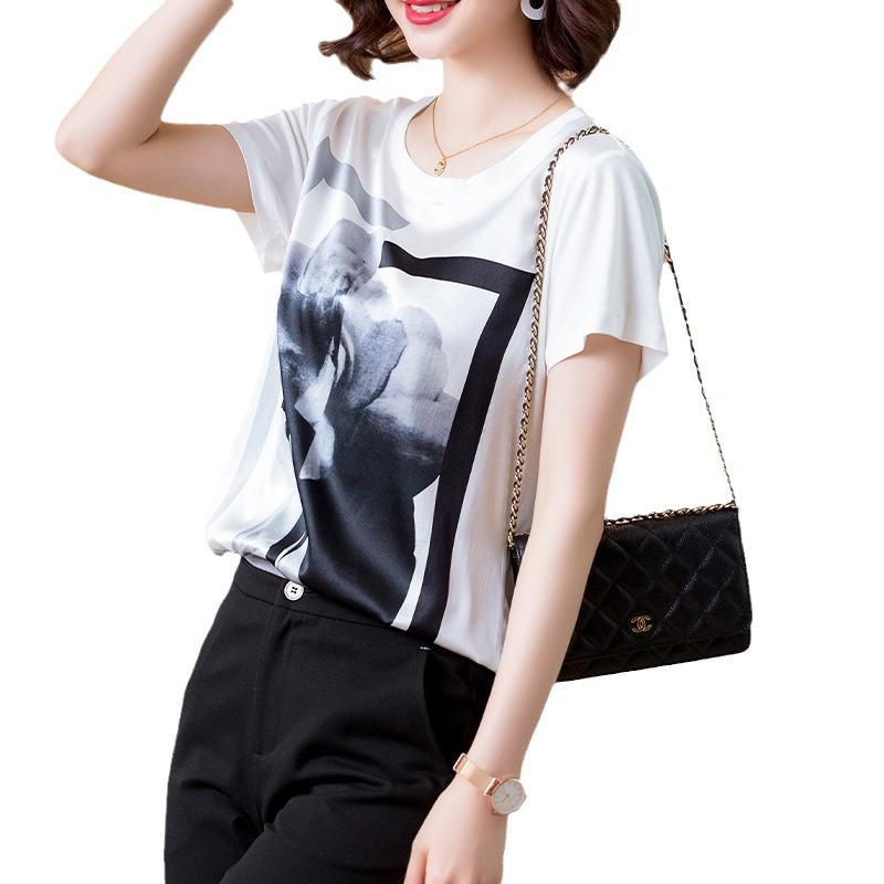 Women's White Silk-Cotton Splicing T-Shirt: 2025 Summer Loose-Fit Korean Style with Mulberry Silk and Short Sleeves, Printed Design.