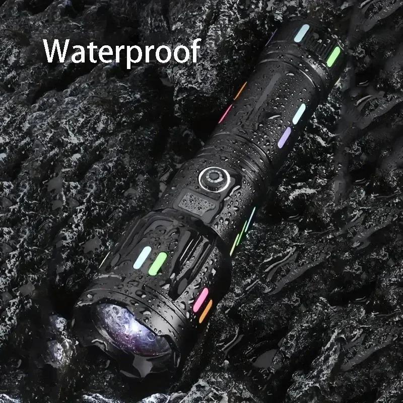High Power Spotlight Long Range LED Flashlight  Aluminum Alloy Fluorescent Absorbing Film Luminous Colorful Zoom Flashlight Camping Emergency