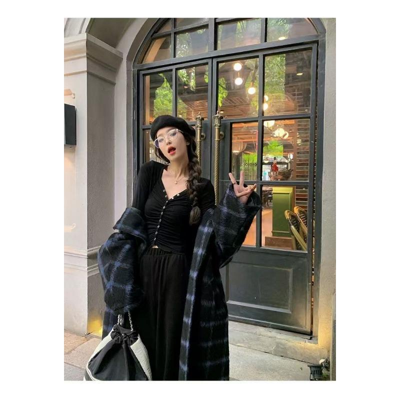 Elegantní dlouhý kostkovaný vlněný kabát dámský zimní tlustý teplý ke kolenům kabát módní vysoce kvalitní tvídová bunda