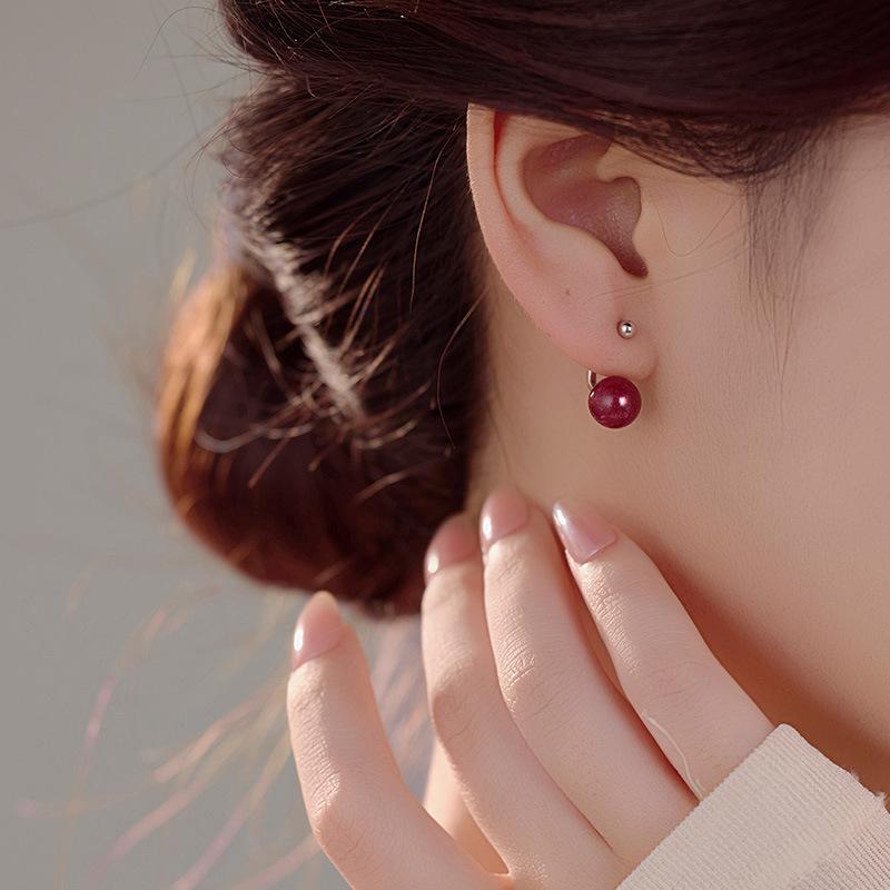 Banyan Tree S925 Silver Natural Purple Gold Sand Cinnabar Earrings for Women – High-End Red, New Autumn/Winter 2024 Style.