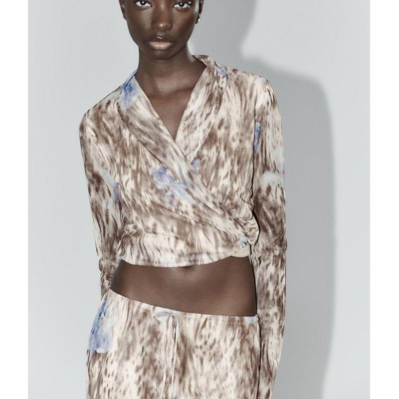 Print Silk Net Long Sleeves Double Breasted V Neck Tops 5039137 Silk Net Translucent High Waist Pants 5039138