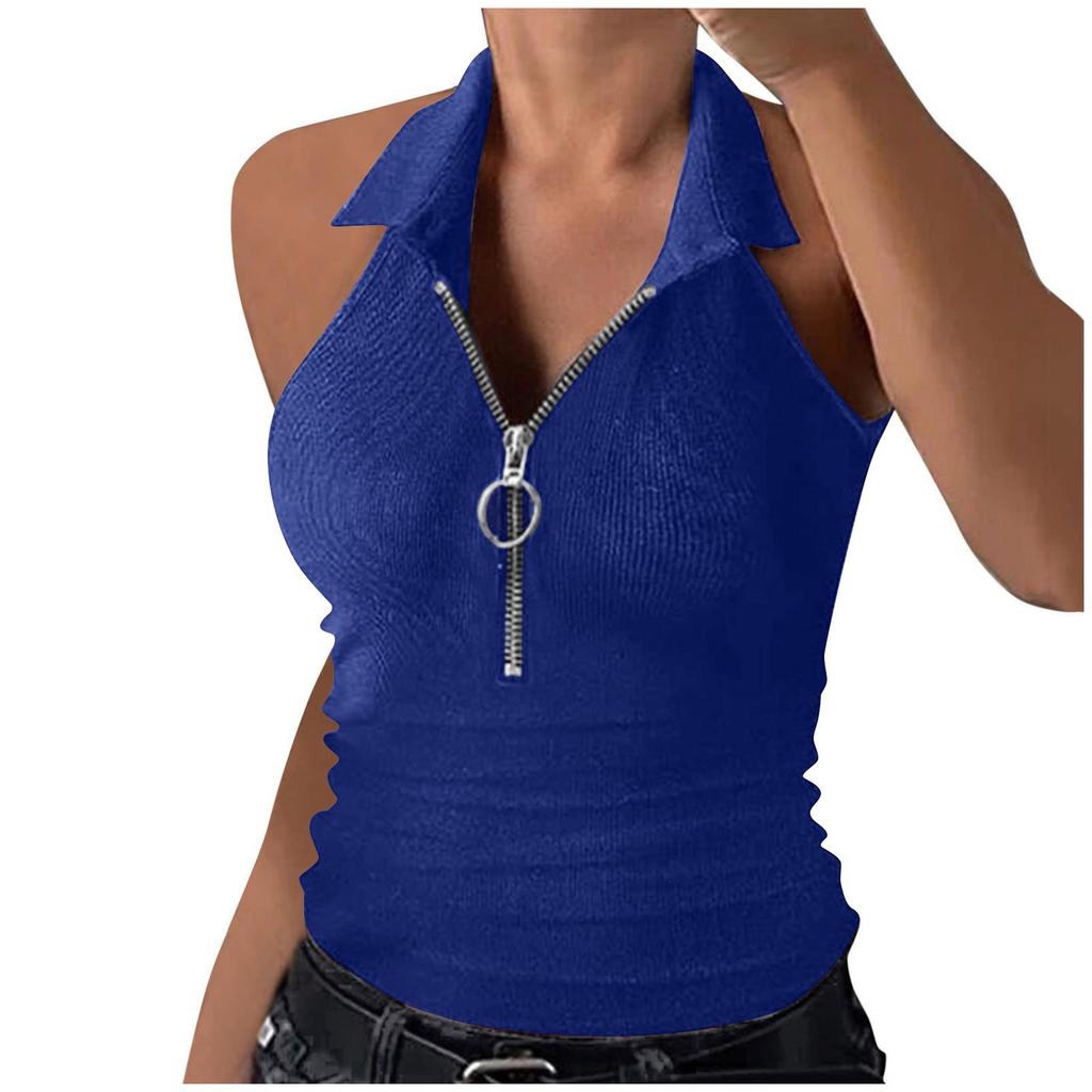 Women's  Vest Collared Summer Tank Top Ribbed Half Zipper V Neck Slim Cropped Sleeveless Cami Shirt