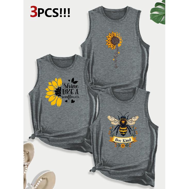 Sunflower and Bee Combination Gift Print Pattern Round Neck3Pack of Sleeveless Vests for Women In Spring, Summer, and Autumn