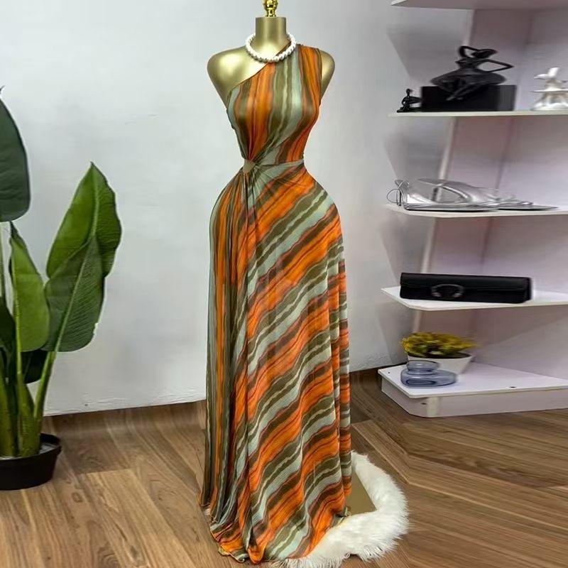 

European and American New Sexy Sloping Shoulder Print Stripe Dress Striped Diagonal Collar Dress Stripes S