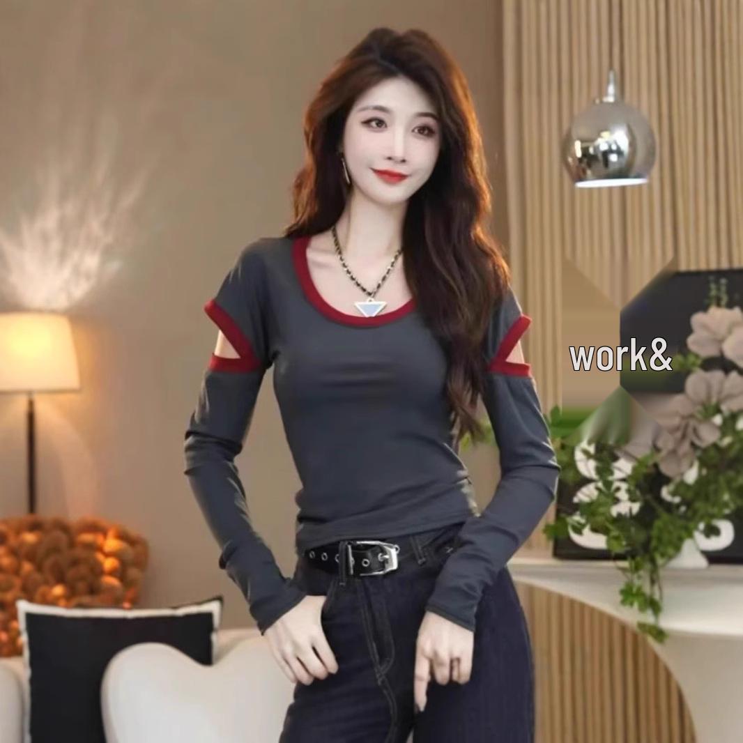 

2024 Women s U-Neck Color Block Long-Sleeve Plus Size Slimming Top for Early Autumn Medium білий