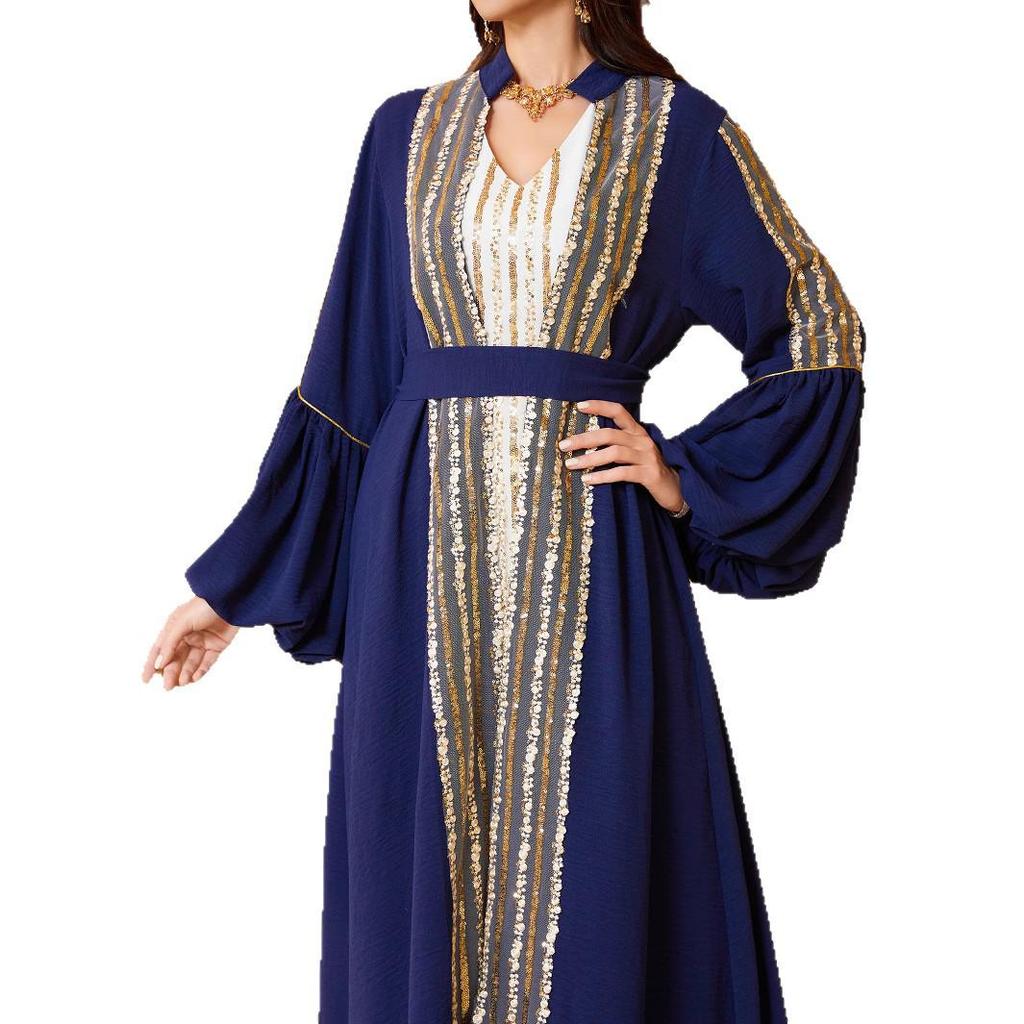 NC35 Kuwait Sequin Embroidery Two-Piece Robe & Bubble Sleeve Dress Set for Women