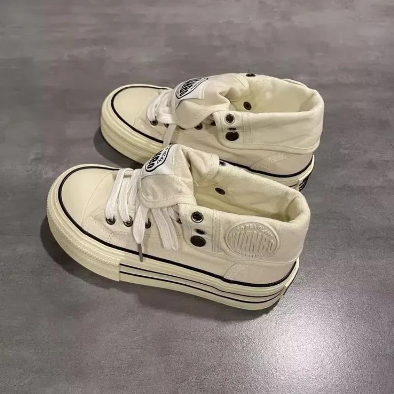Women High Canvas Board Shoes Outer Flanged Sneakers Dual Purpose Short Boots Thick Outsole Height Increased Lace Up