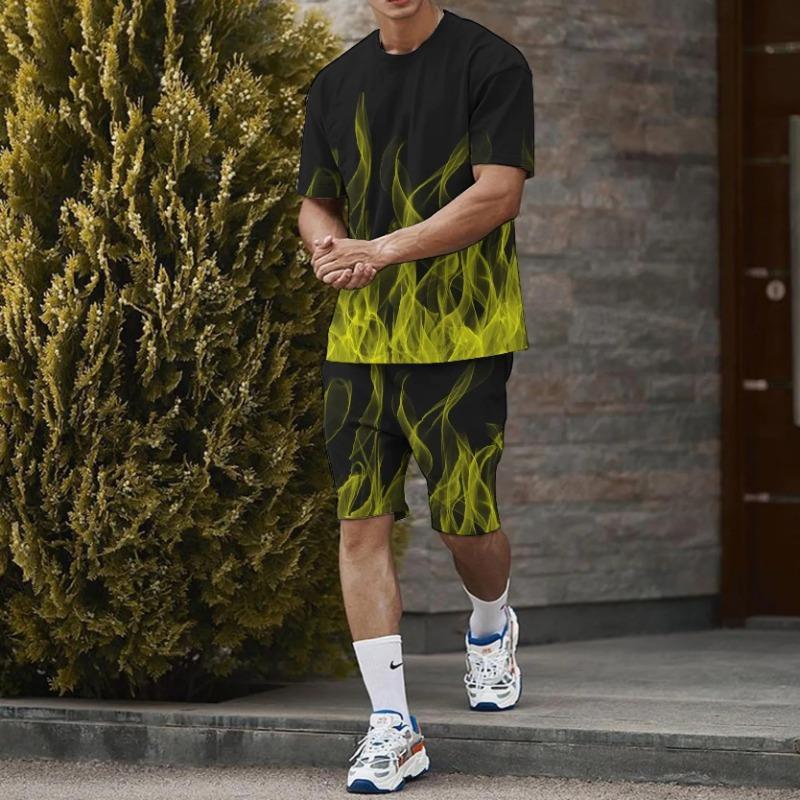 Summer New Men's Short Sleeved Shorts T-shirt Set with 3D Printed Flame Pattern Casual T-shirt Set with Fashionable Sweatshirt