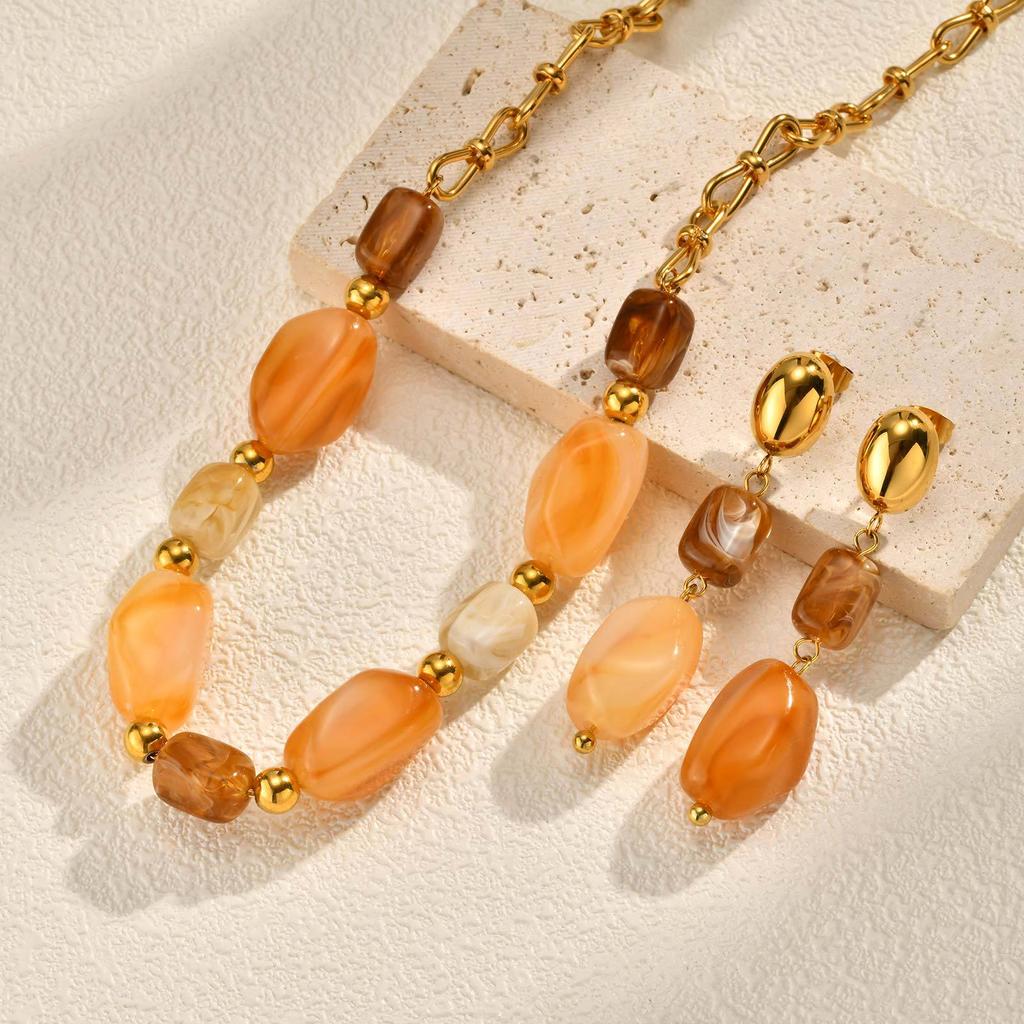 Autumn And Winter Maillard Jewelry Necklace, Stainless Steel Oval Irregular Resin Symmetrical Earrings, Women'S Jewelry