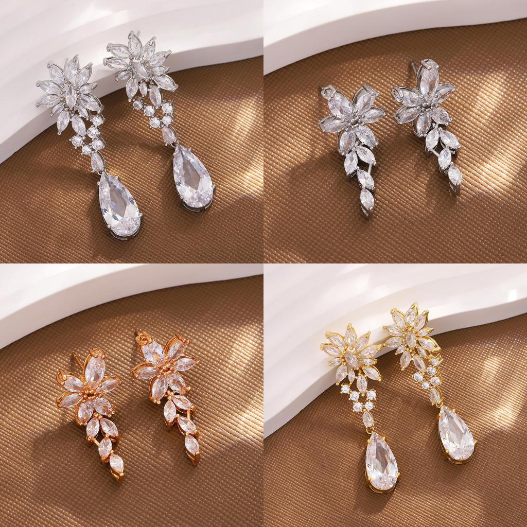 Water Drop Zircon Flower Leaf Earrings For Weddings And Party Jewelry Women