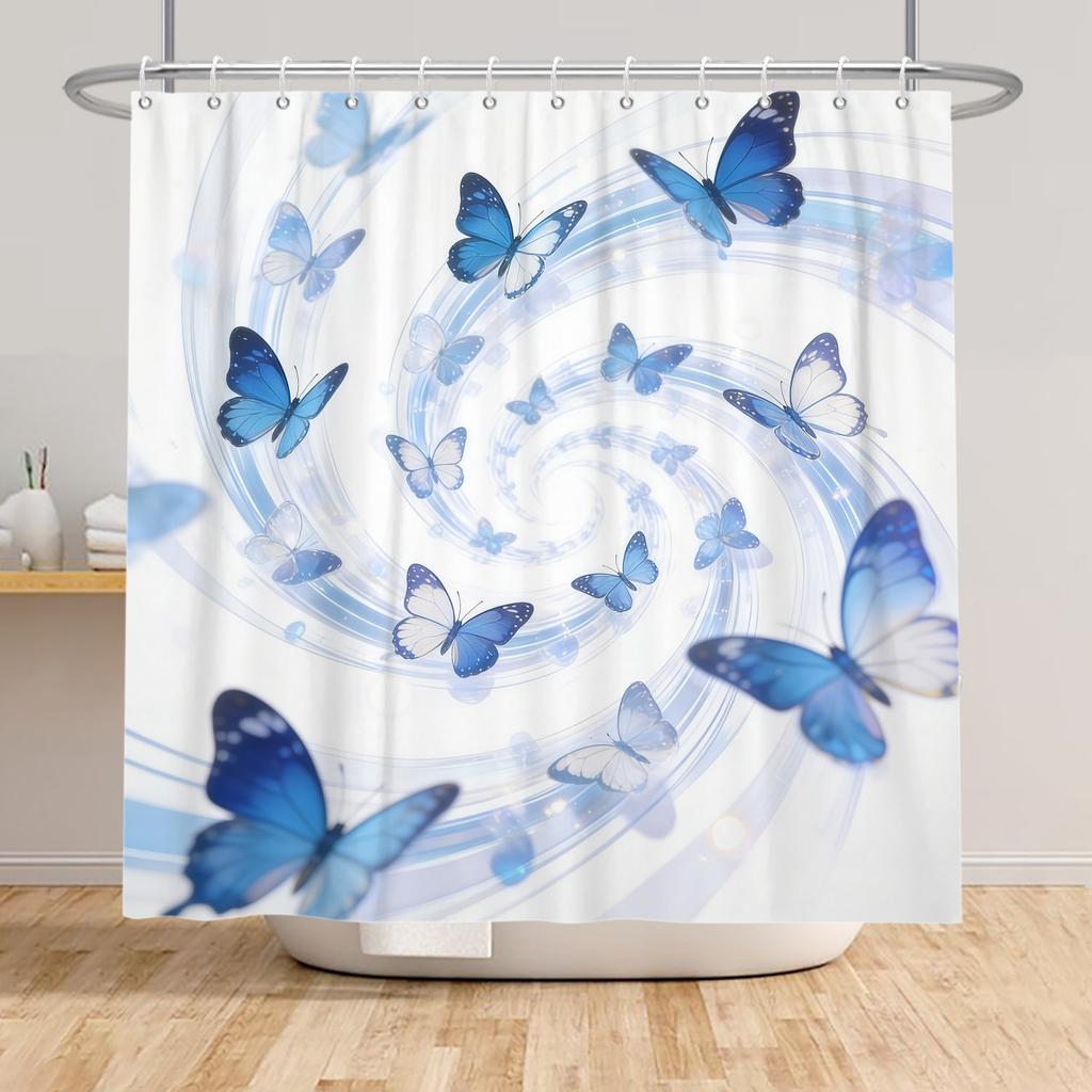 Moderne Mode Duschvorhang Blaue Blumen Schmetterling Duschvorhänge Badezimmer Dekoration Wasserdicht Mit 12 Haken Polyester Vorhänge