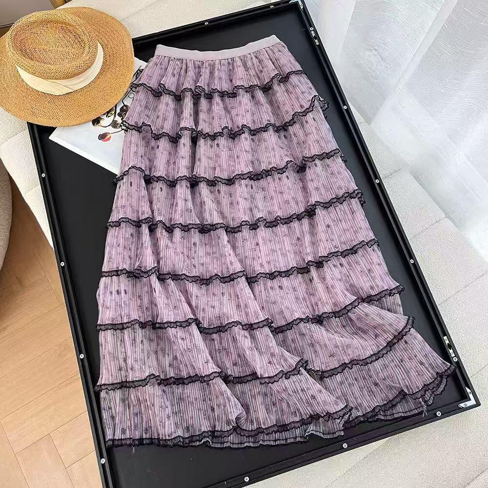 Women s Autumn High-Waisted Midi Skirt with French Floral Lace Trim and Mesh Patchwork One Size розовый