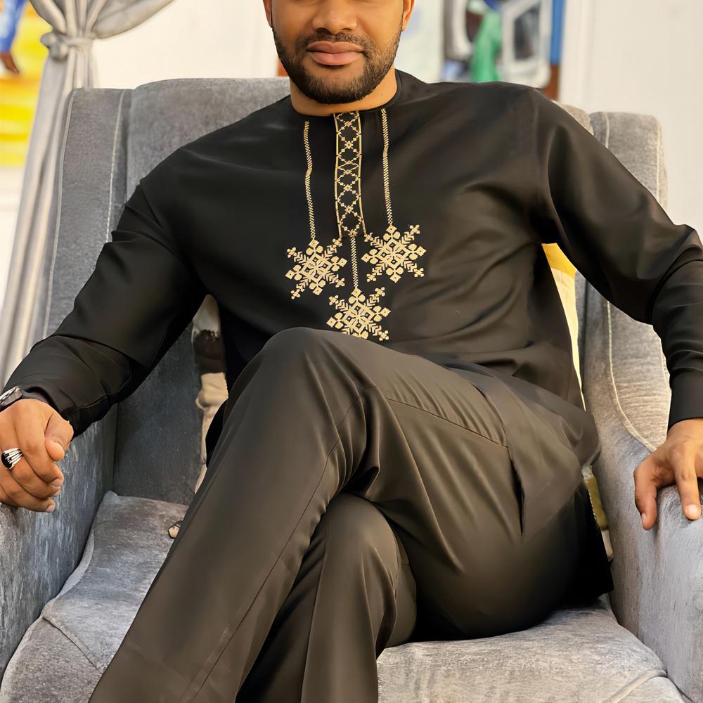 Men s 2-Piece Embroidered African Ethnic Suit - Long Sleeve Traditional Style Extra Large чёрный
