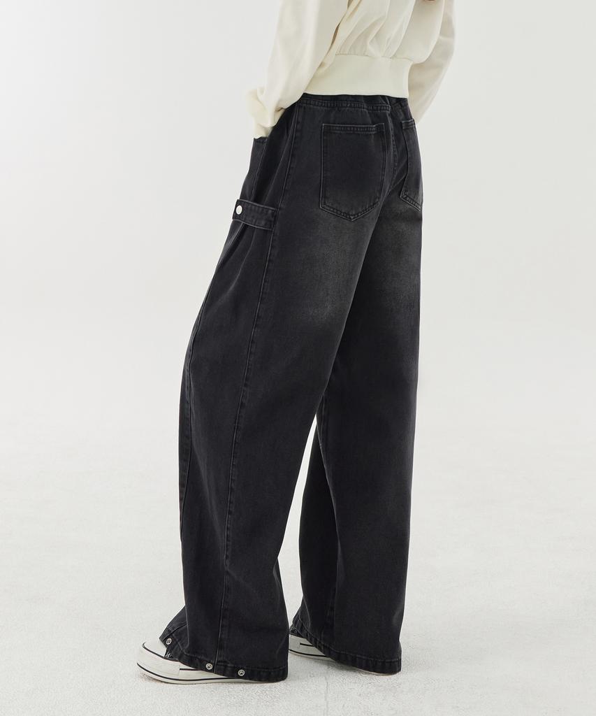 Akeusi Multi Side Strap Elastic Wide Denim Pants Unisex (Black)