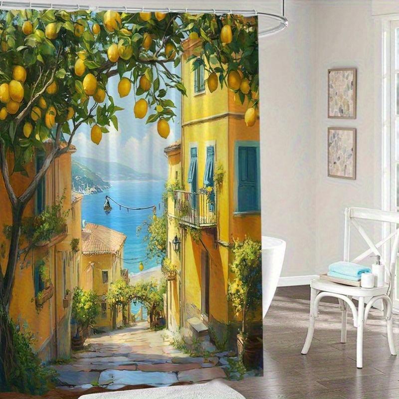 Waterproof Shower Curtain Featuring a Charming Mediterranean Village with Lemon Trees and Coastal Views for a Relaxing Bathroom W90XH180cm