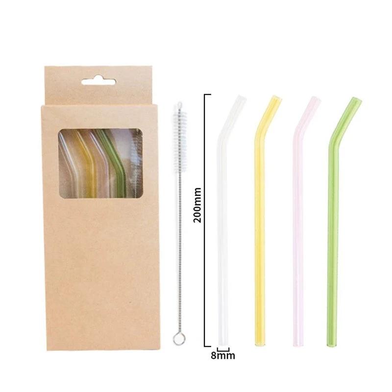 4PCS Reusable Glass Straws Multi-Color Drinking Straw for Milk Tea Juice Cocktail Straight & Bent Straw with Cleaning Brush