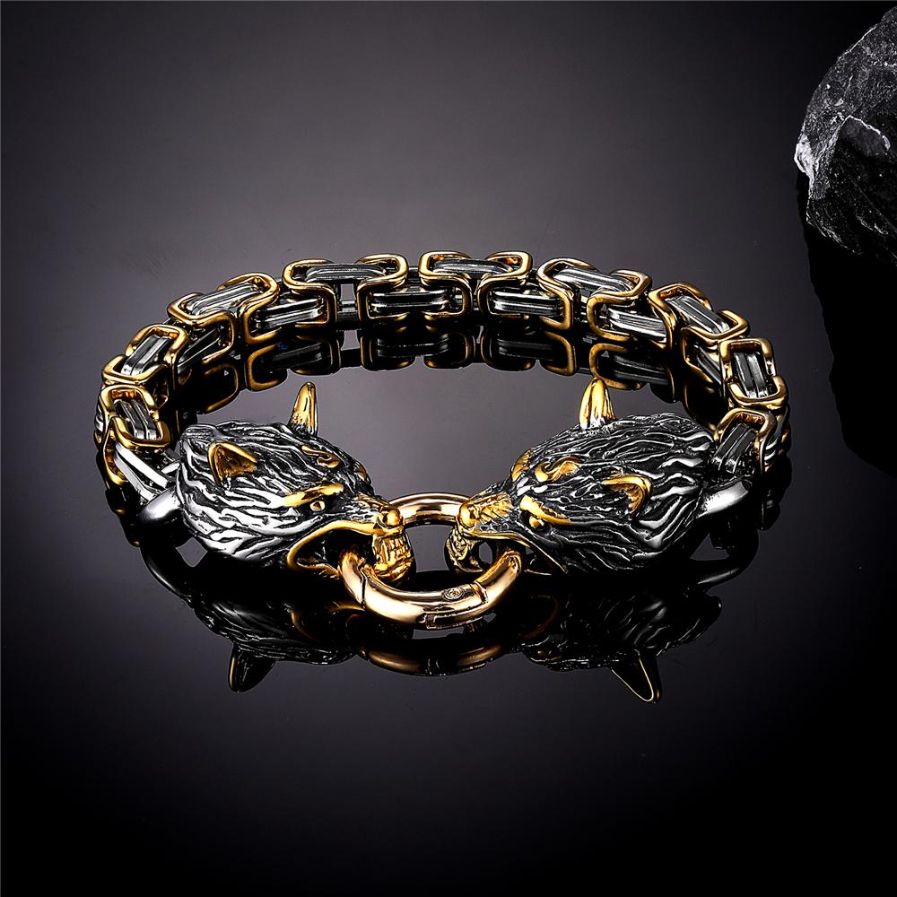 Norse Viking Celtic Wolf Head Bracelet Men Stainless Steel Odin Wolf Bangle Amulet Never Fade Gold Color King Chain Rock Jewelry