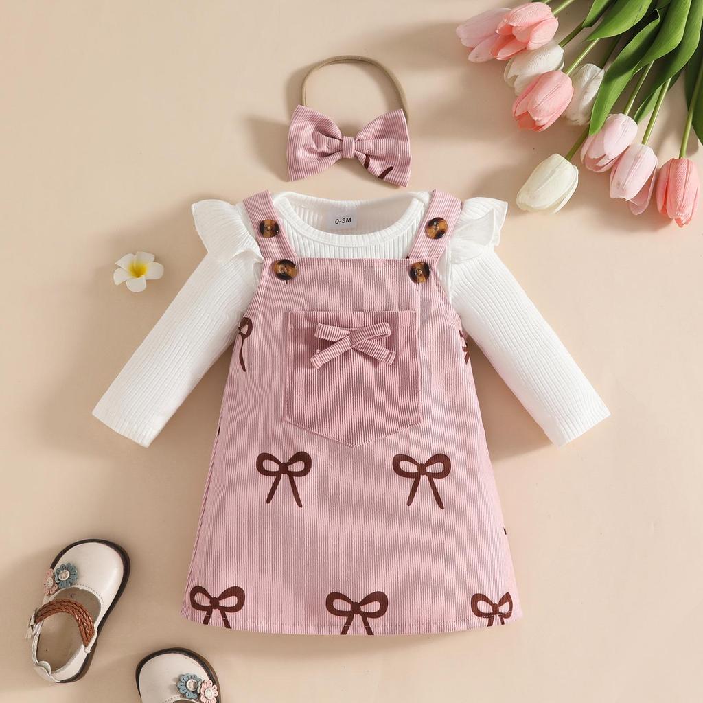 2025 Europe Autumn/Winter Cute Toddler Skirt Set: Flutter Sleeve Romper & Long Sleeve Printed Overalls