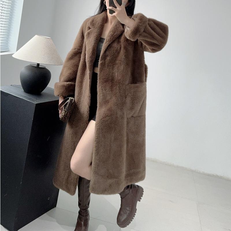 New European Mink Eco-friendly Fur Coat, Imitation Fur Mid-length Imitation Mink Fur Bathrobe Style Coat for Women