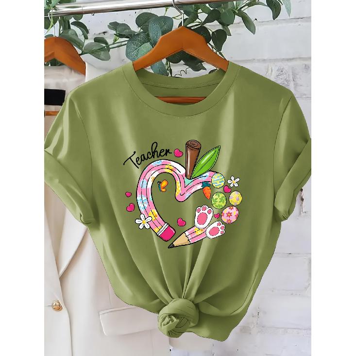 Women's Teacher Heart-shaped pencil short sleeve shirt One-piece Easter outfit T Shirt Teacher's Outfit for Holiday Outings 2026 New Spring and