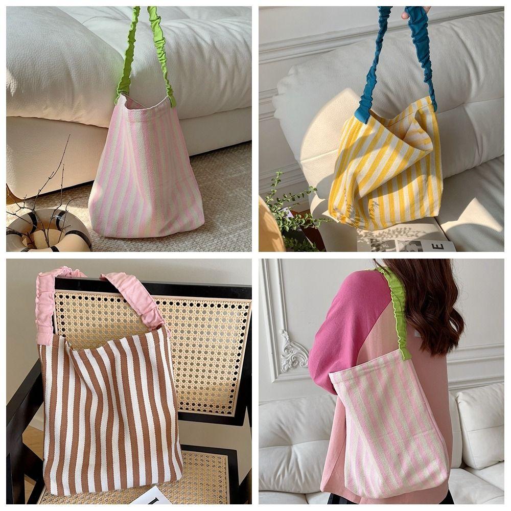 Große Kapazität Tragetasche Druckstoff Schultertasche Niedliche Streifen Canvas Tasche Studenten