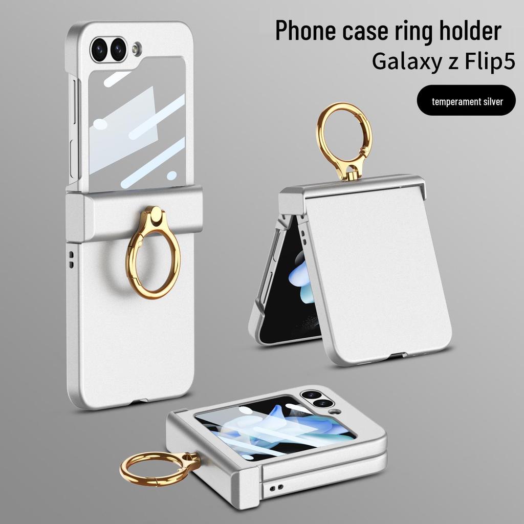 GKK Samsung Z Flip5 Full Coverage Frosted Case with Finger Ring Buckle & Small Folding Hinge.