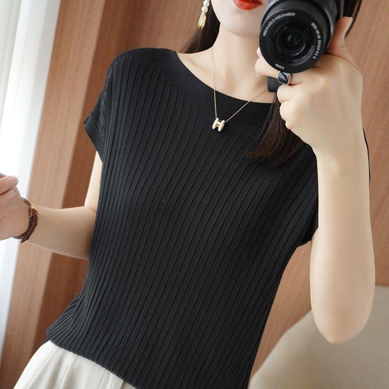 Women's Clothing Elegant All-match Solid Color Ice Silk T-shirt Summer Female Korean Simplicity Loose Short Sleeve Tops