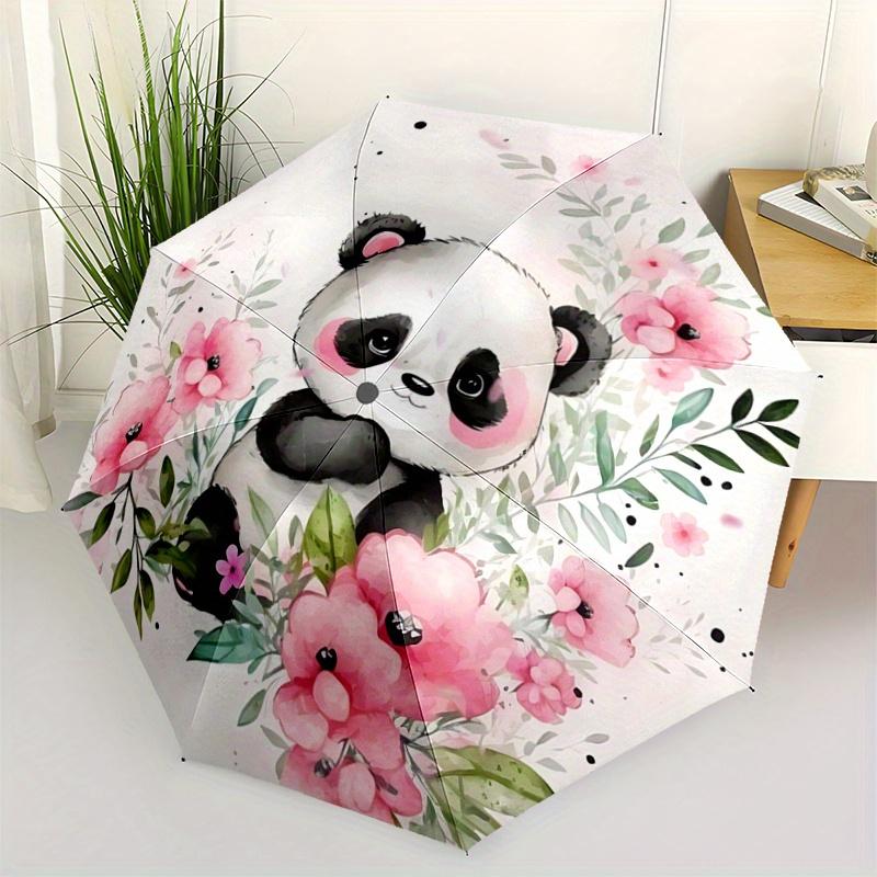 

1pc Flowers & Panda Art Pattern Beautiful Looking Automatic Folding Cartoon Umbrella, 3 Folding, 8 Pole Frame Design, Durable and Suitable f