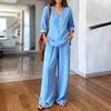Women's Relaxed Long Sleeve Two Piece Matching Set Commuter V Neck T Shirt Wide Leg Pants Linen Co Ord