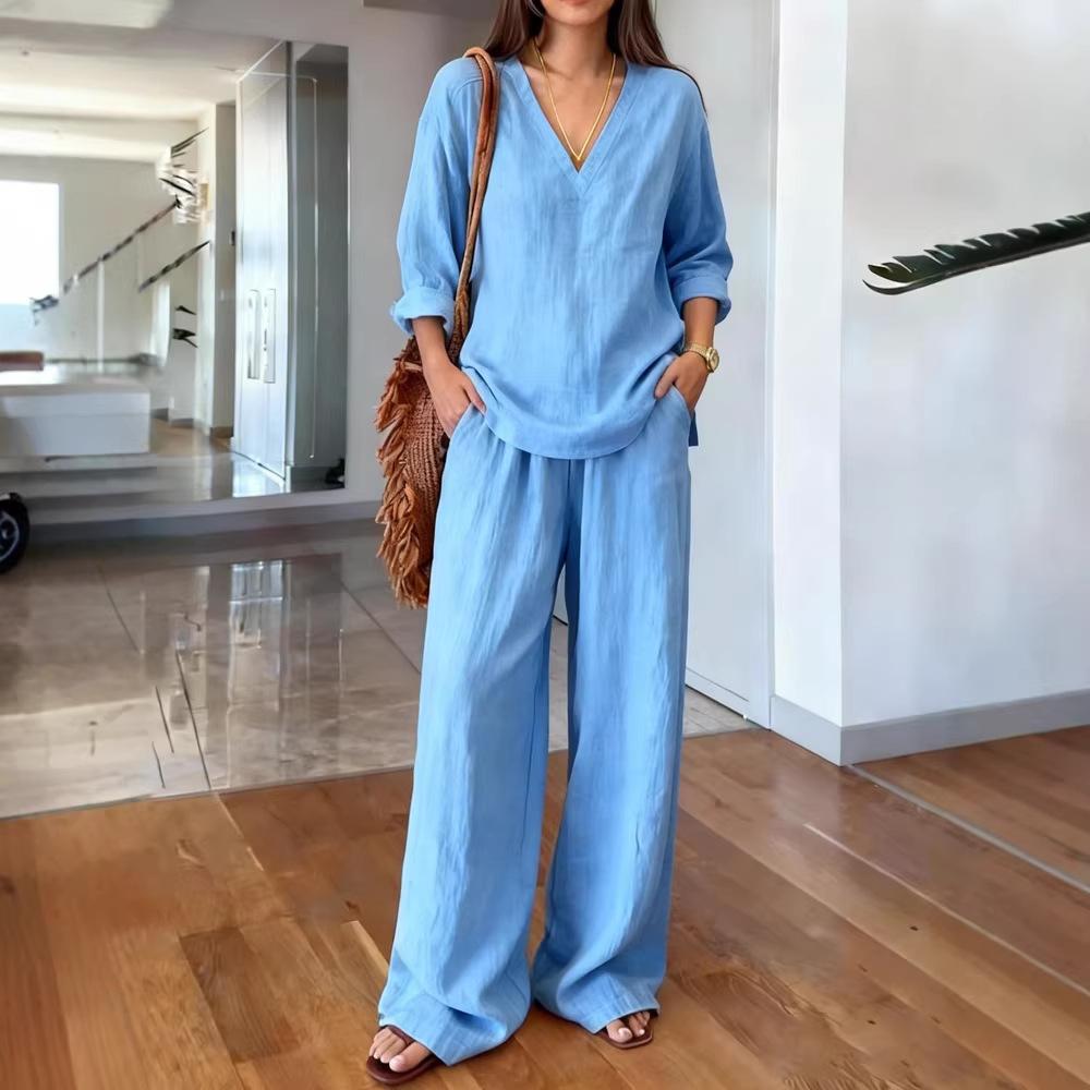 Women's Relaxed Long Sleeve Two Piece Matching Set Commuter V Neck T Shirt Wide Leg Pants Linen Co Ord