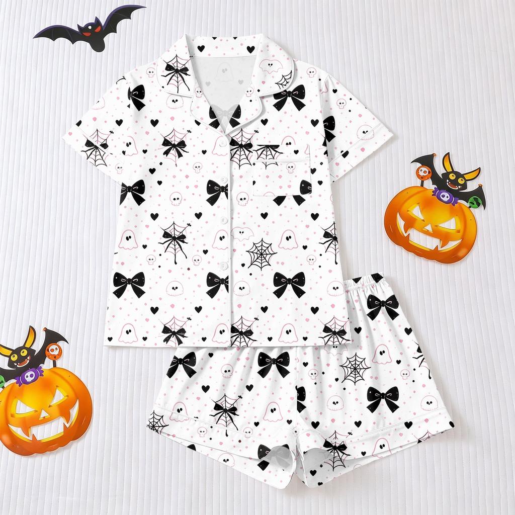 Women's Halloween Pajama Set Short Sleeve Button Down Shirt and Shorts 2-Piece Sleepwear