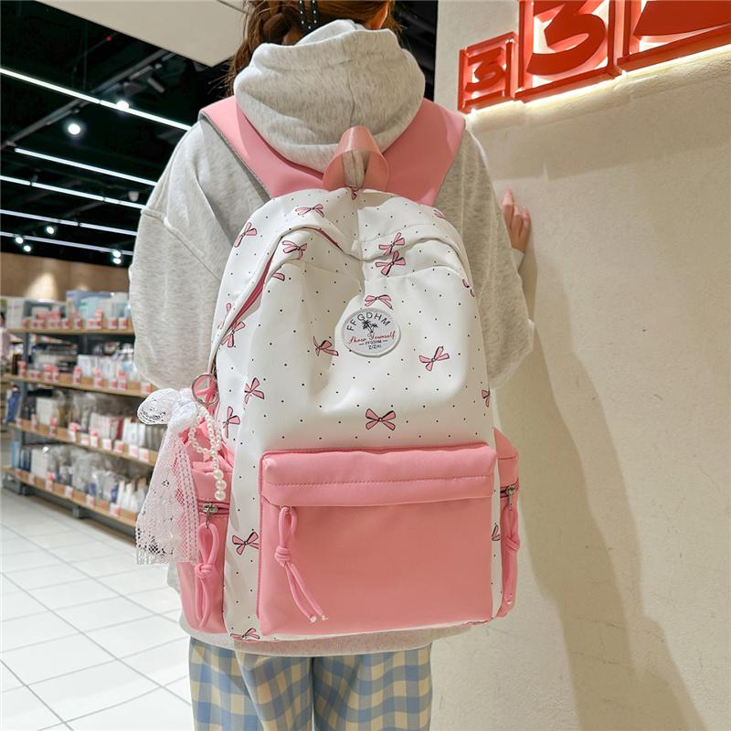 Nylon Backpack Cute Bow Print School Bag for Girls