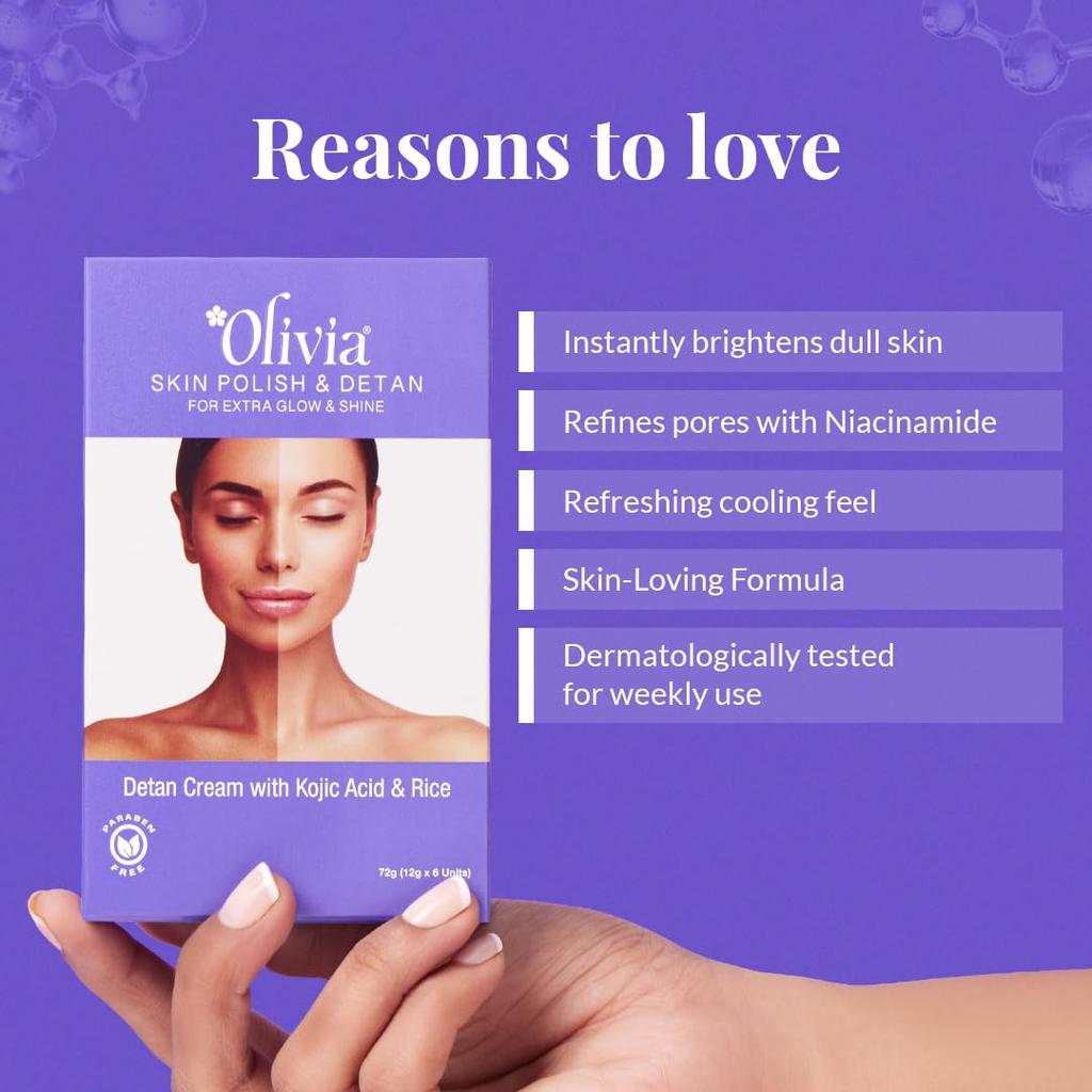 Olivia Skin Polish & Detan Cream with Kojic Acid & Rice for Extra Glow and Shine - 72g