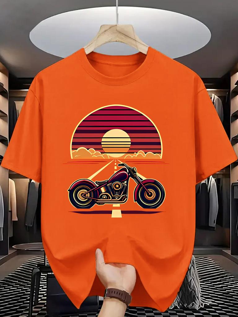 Vintage Biker Print Unisex Short Sleeve Tshirt Classic Motorbike Sunset Highway O Neck Tee Rider Style Male Street Fashion Tops