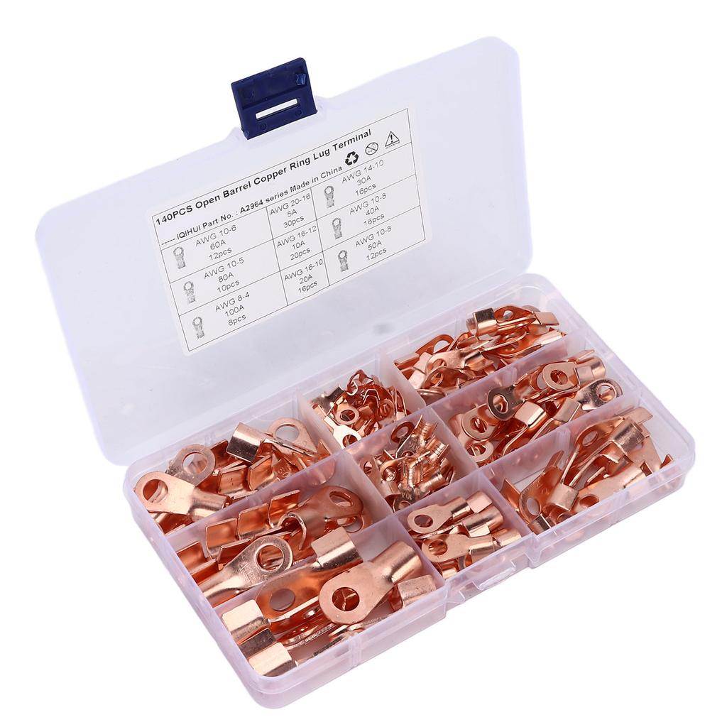 140pcs Open Barrel Wire Crimp Terminal 9‑Type Copper Ring Lugs Connector Universal for Cars