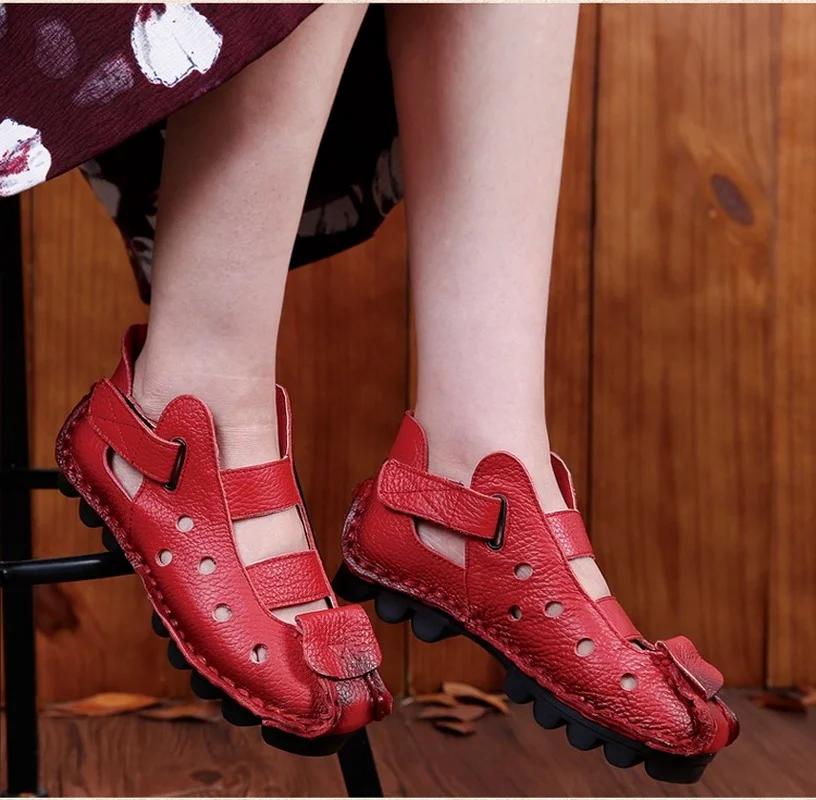 XIHAHA Summer Leisure Cave Soft Bottom Flat Genuine Leather Woman Shoes Personality Women Sandals Retro Handmade Sandals Sapato