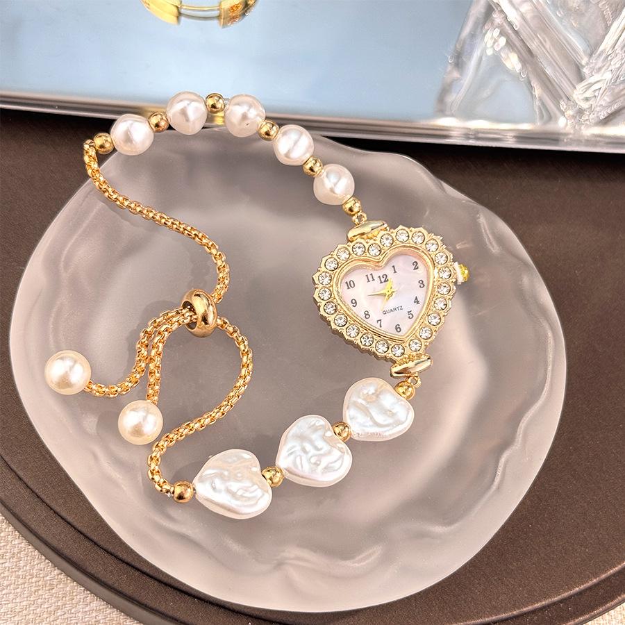 Love Diamond-encrusted Women's Watch Full of Diamonds Peach Heart Digital Pearl Double Spell Bracelet Watch