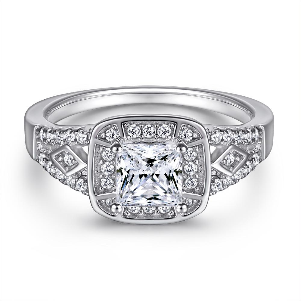Princess Square Row Diamond Ring - Women's S925 Sterling Silver Micro-set Zircon Square Diamond Ring