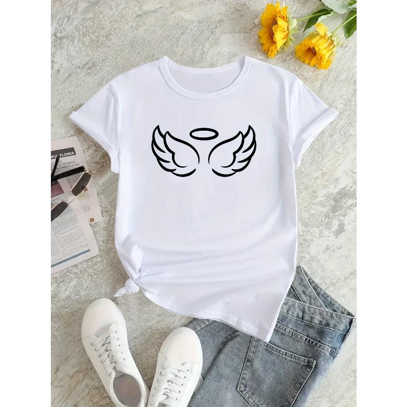 Casual Loose Summer T-Shirt with a Fun Angel Wings Cartoon Print S белый