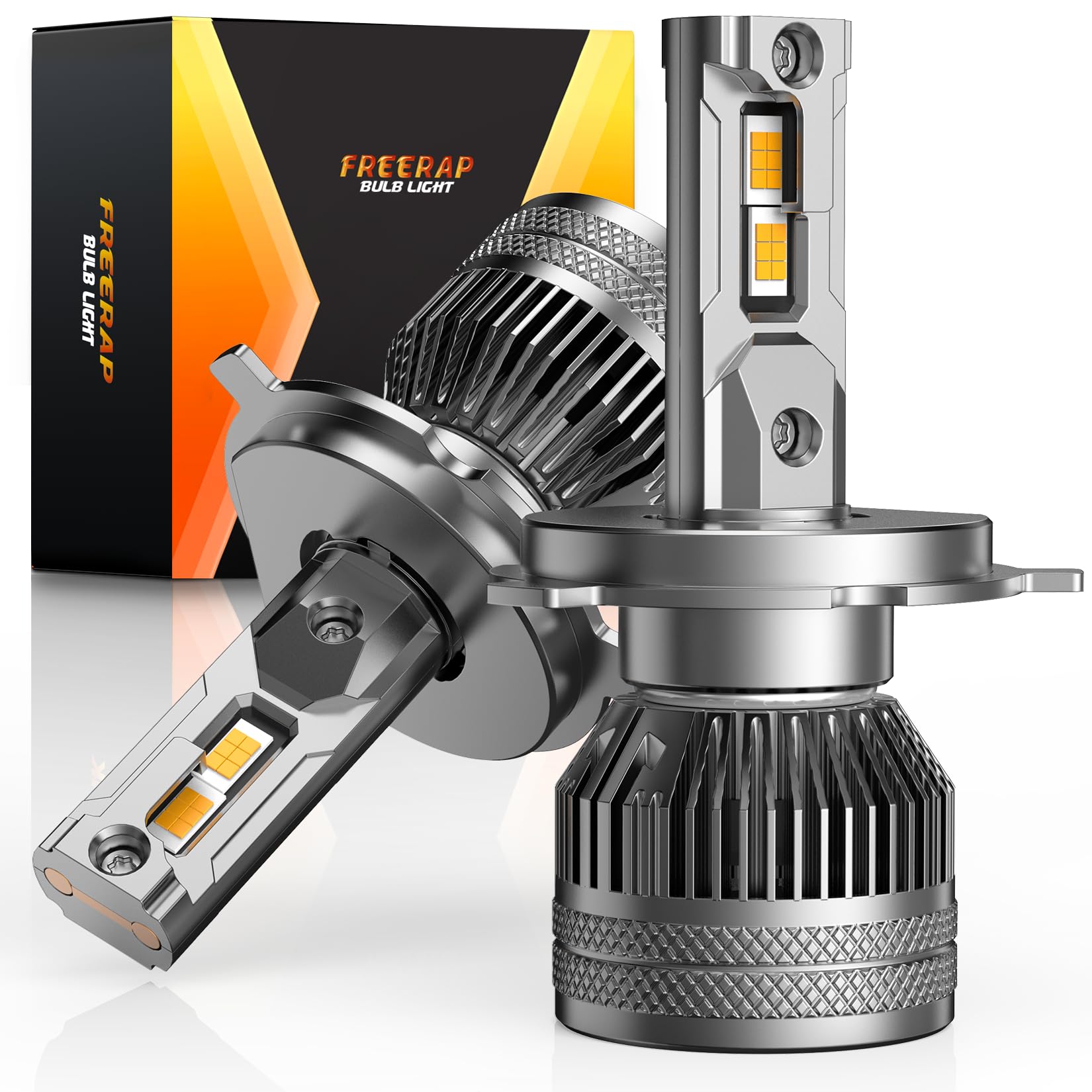 

FREERAP H4 LED Headlight Vehicle Inspection H4 Fog Light Super LED 6500K 10x Quadruple Heat Rotating Cooling Noise Instant Pack of 2 Bulbs, Compliant,