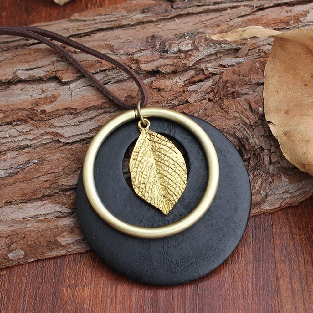 

Vintage Boho Sweater Chain Leather Chain Long Clothing Pendant Leaves Handmade Sweater Necklace for Women Men