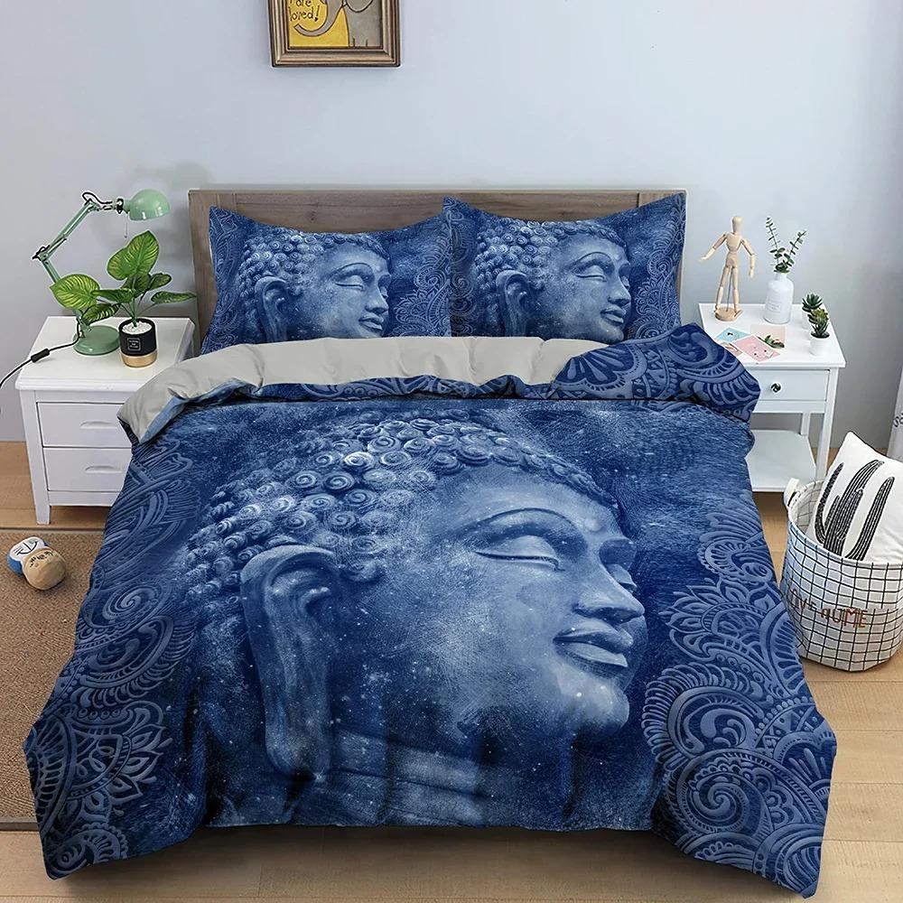 Buddha-Bettwäsche-Set, 3D-Bodhisattva-Bettbezug, klassische Bettdeckenbezüge mit Kissenbezug, Doppel-Queen-Size-Heimtextilien