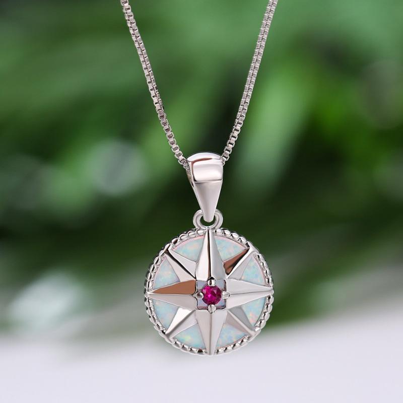 European and American fashion blue Opal white gold red diamond white Opal shield necklace women s round pendant jewelry