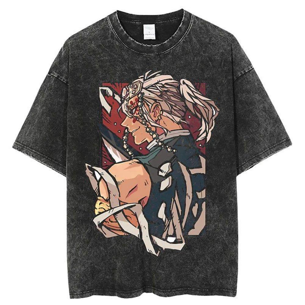 

Original Ghost Slayer Retro Washed Anime Short Sleeved T-shirt with Printed Pattern for Daily Leisure Sports T-shirt S