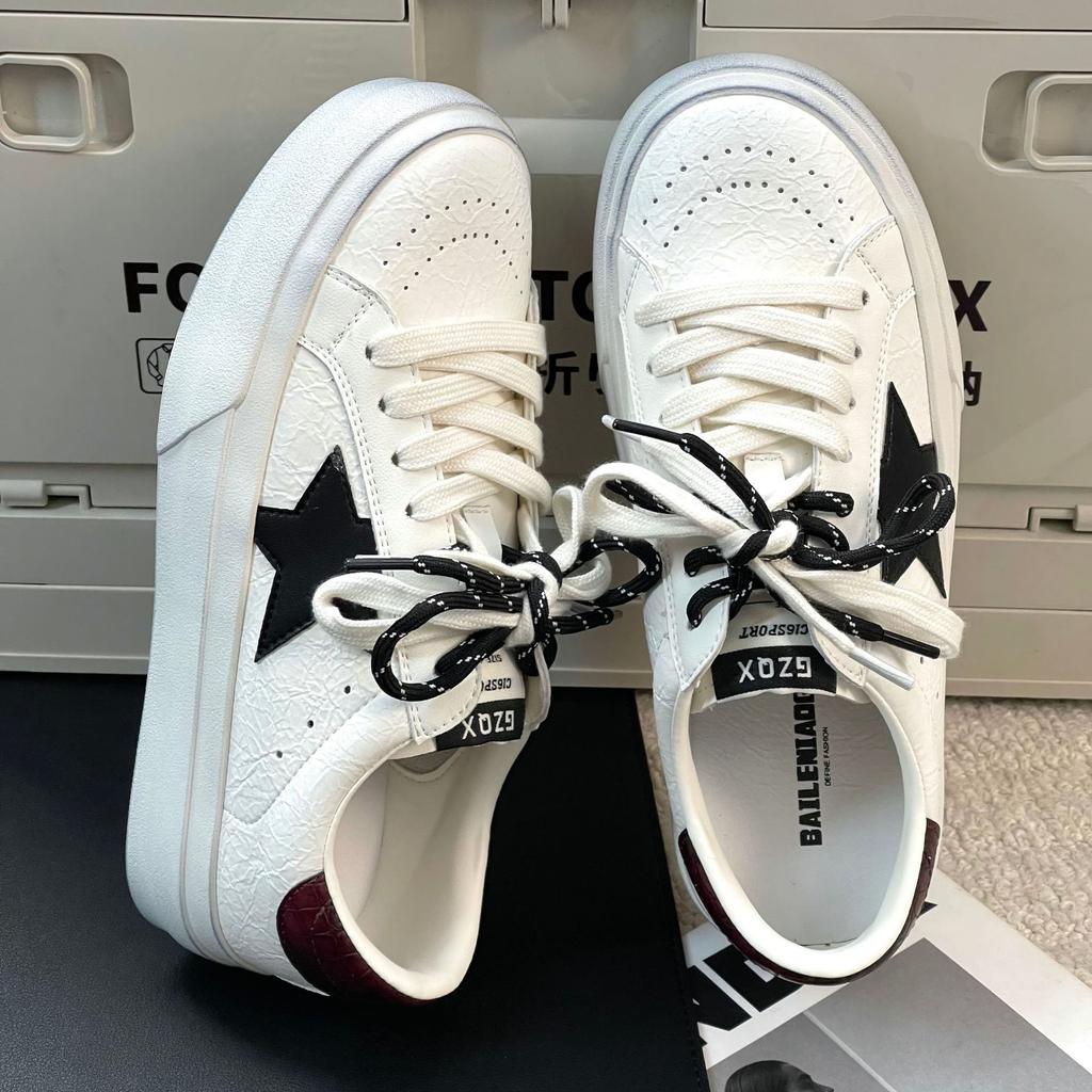Spring new leather casual star board shoes pair of shoelaces color matching retro women's white shoes