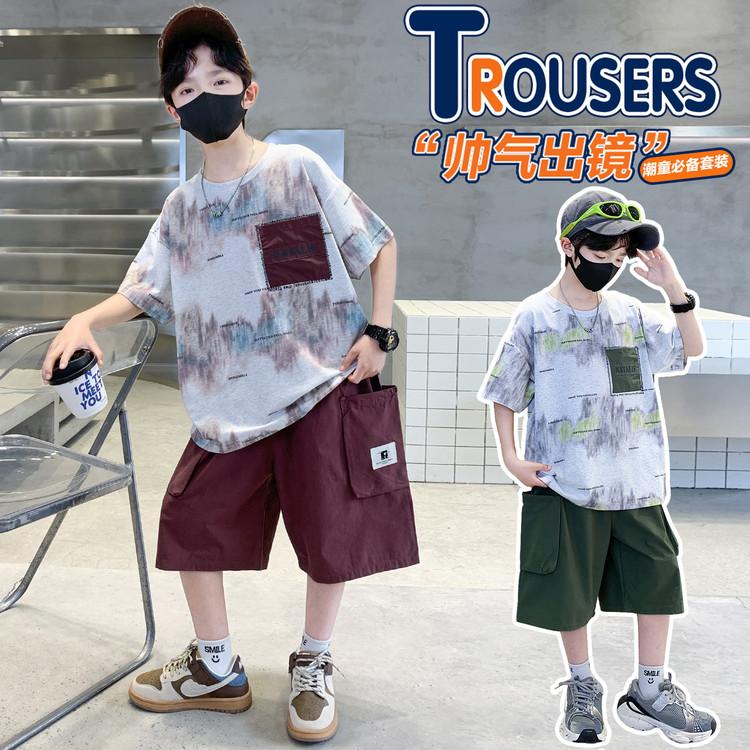 Boys' summer sports and leisure two-piece set, children's ink printed short sleeved shorts, teenagers' outdoor set