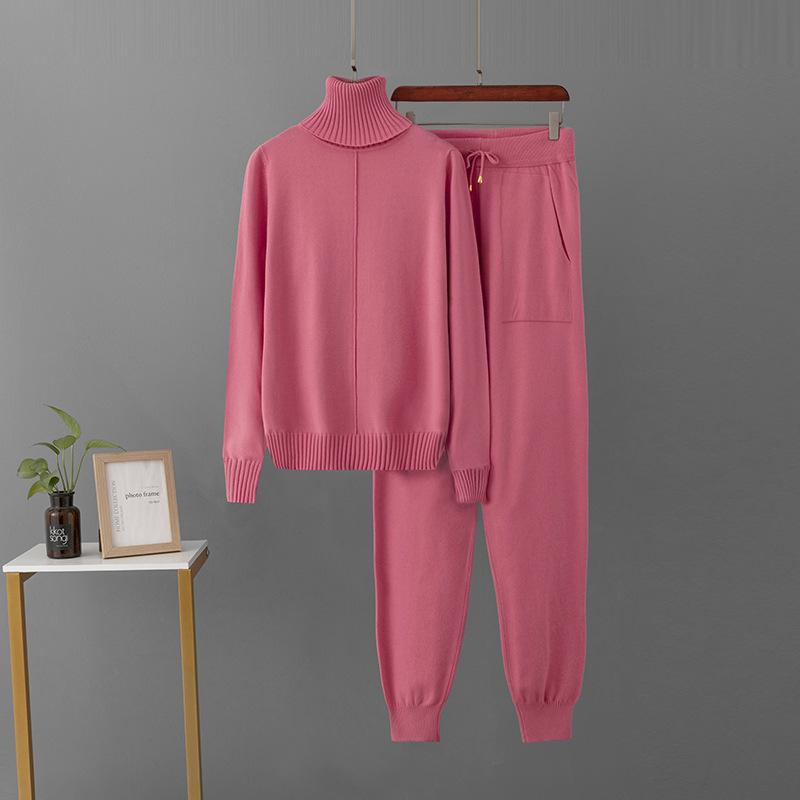 Candy Color Knitted 2 Piece Sets Women Turtleneck Knitwears Sweater Pullover Tops High Waist Casual Harem Pants Outfit