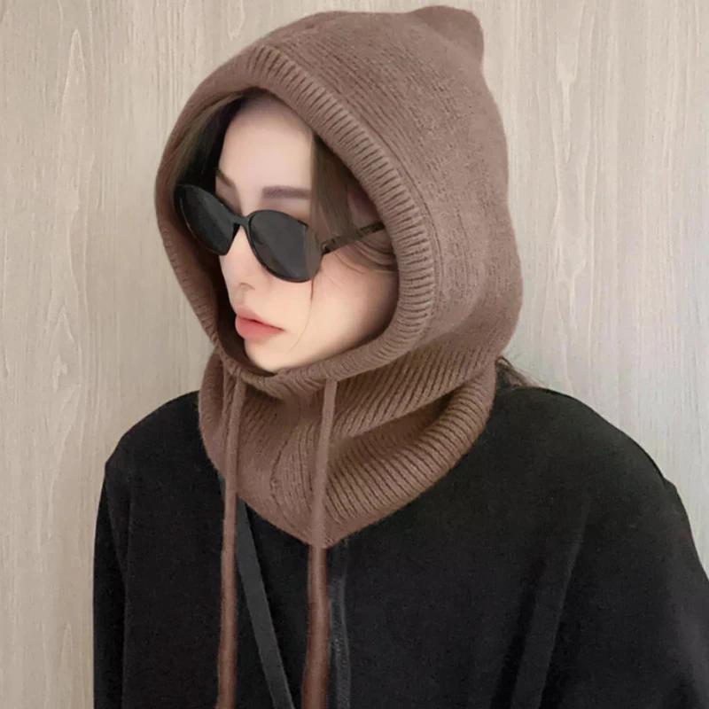 Korean Balaclava Hat Women's Winter Warm Hat Scarf Couple Style Wool Knitted Hat