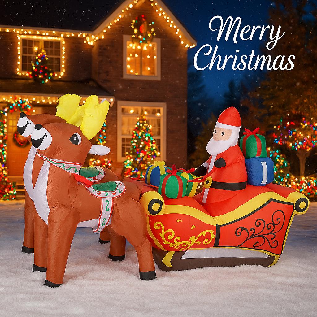 8.2FT Inflatable Toy Santa Sleigh Reindeer Gift Bag Xmas Yard Lawn Party Decoration LED Lit Christmas Home Supplies Ornament